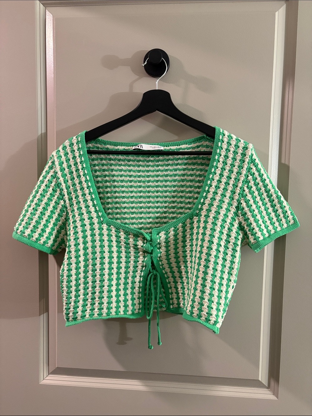 Zara Green and White Knit Tie-Front Crop Top